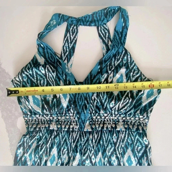 INC Women’s V-Neck Halter Mini Dress Studded Black, Blue, White Aztec Medium EUC - Picture 3 of 9
